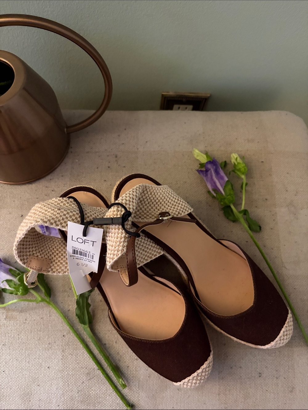 LOFT Brown and Cream Espadrille Wedge Sandals with Ankle Strap